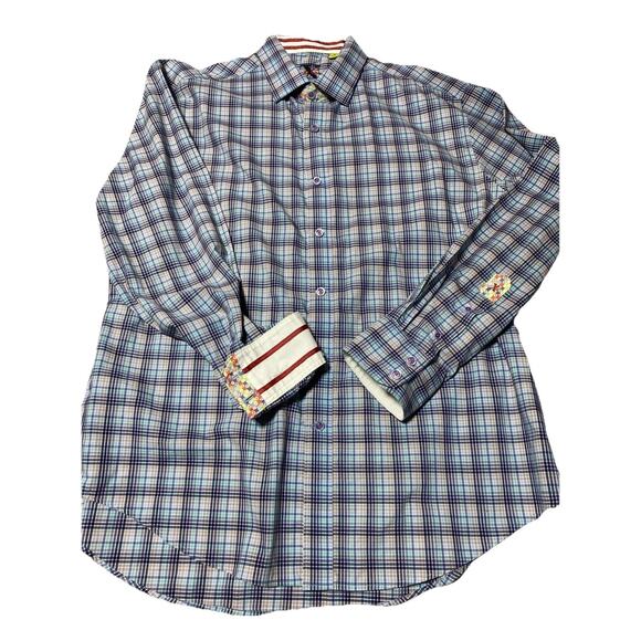 Robert Graham X Shirt Mens XXL Blue Plaid Designer‎ Button Flip Cuff 2XL NWOT